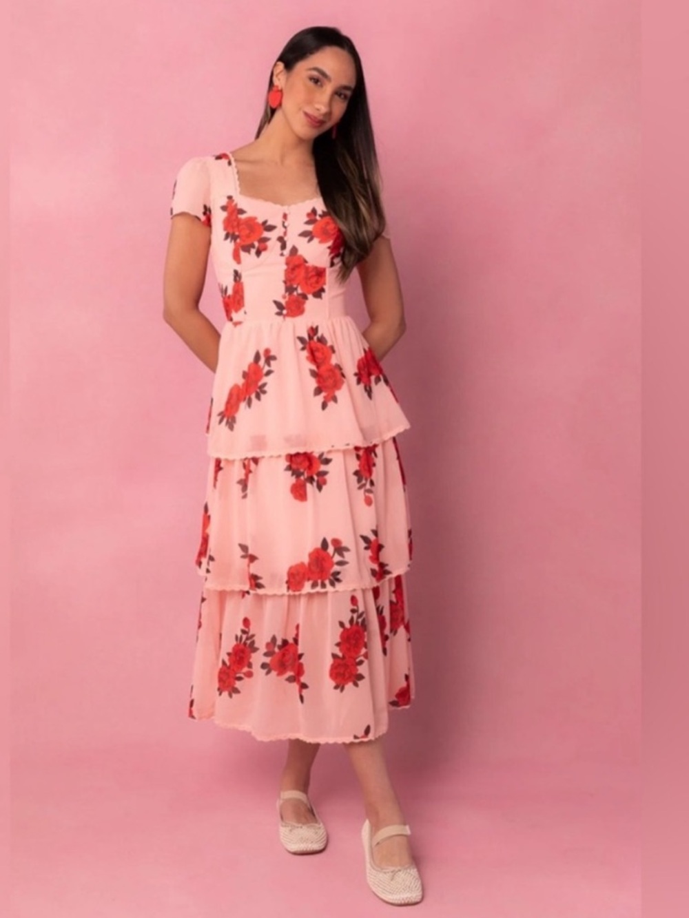 IVY CITY CO Feminine Roses are Red Tiered Coquette Romantic Maxi Dress NWT - Picture 2 of 9
